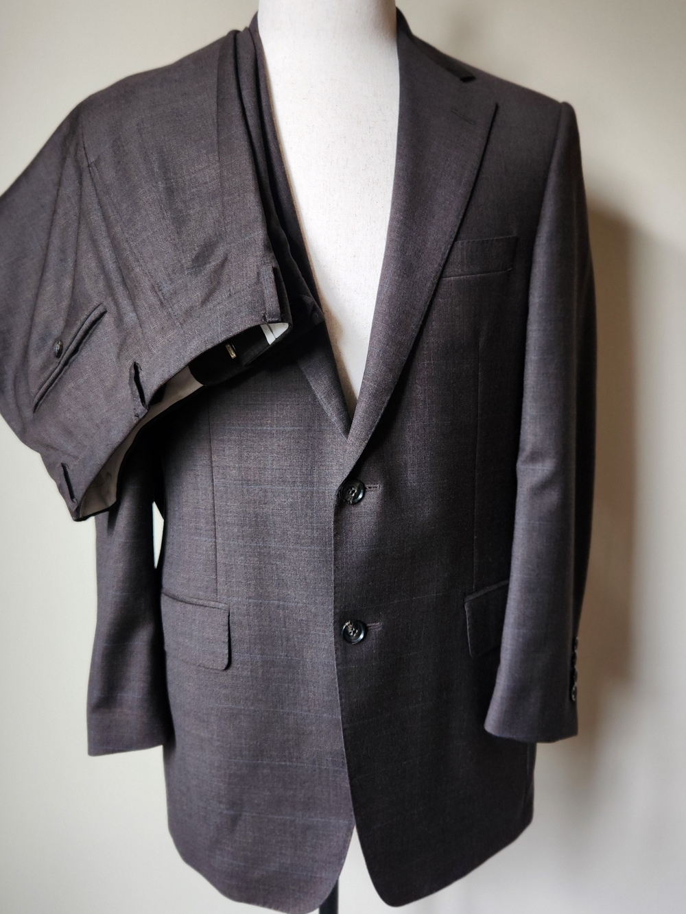 Samuelsohn H Stockton Wool Suit Brown Blue Windowpane Plaid 37 Regular 32 Waist